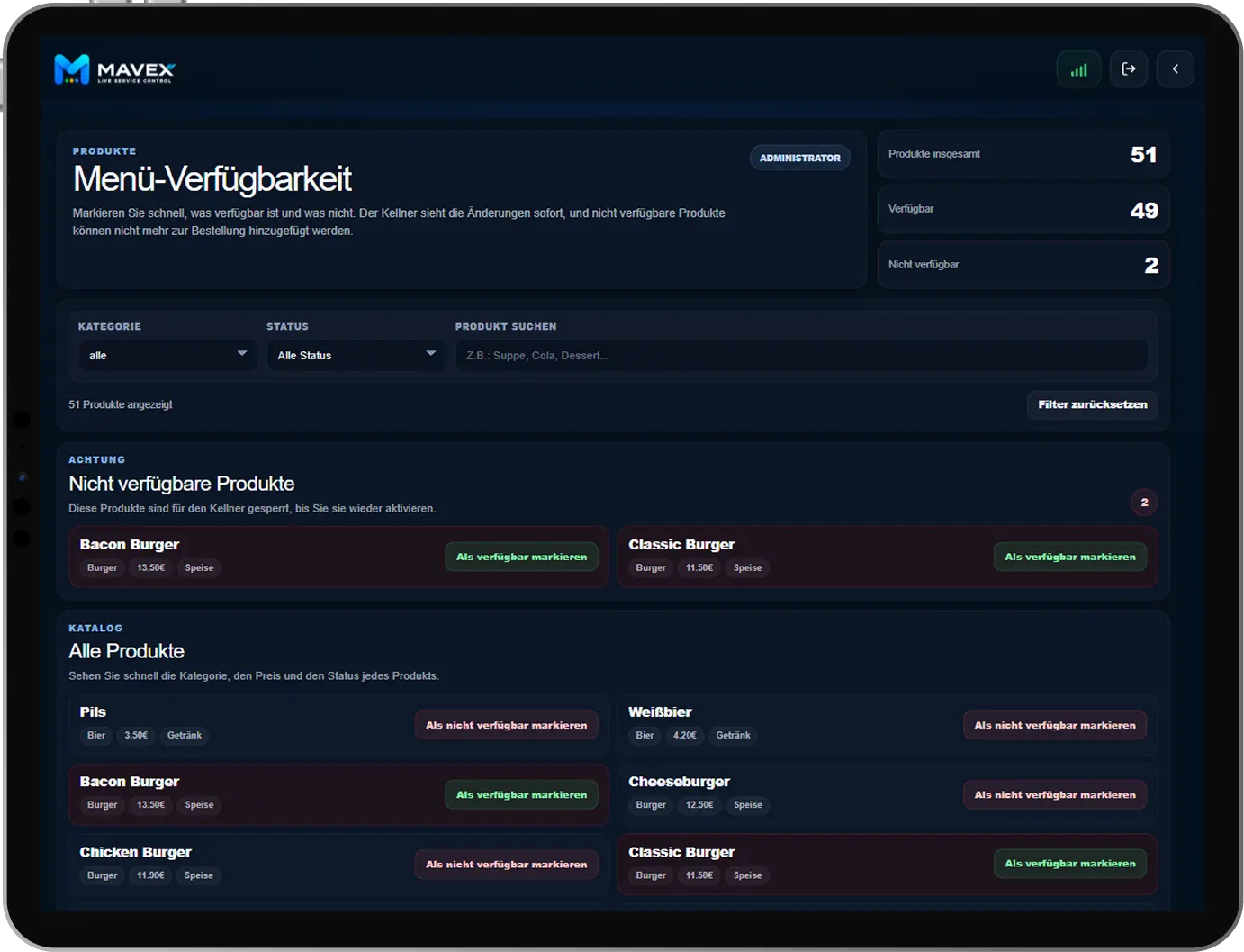 Produktverfügbarkeit Mavex Mockup